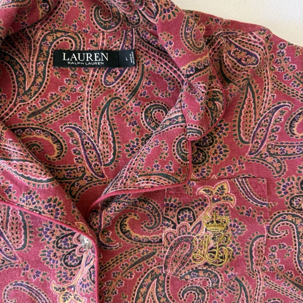 Lauren Ralph Lauren Pajama Top Burgundy Paisley LRL Crest women's  L - Picture 4 of 9